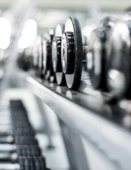 The image shows a row of dumbbells on a rack in a gym, with a blurred background creating a focused perspective on the weights.